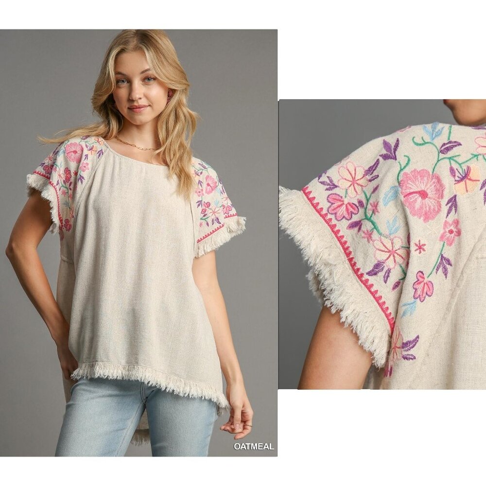 Embroidered Sleeves Linen Cotton Blend Round Neck w/ Frayed High Low Hem